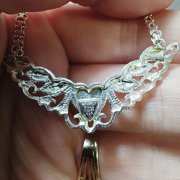 Vintage Sterling BEVERLY HILLS SILVER Filigree Diamond cut Heart Motif Necklace - Picture 6 of 11
